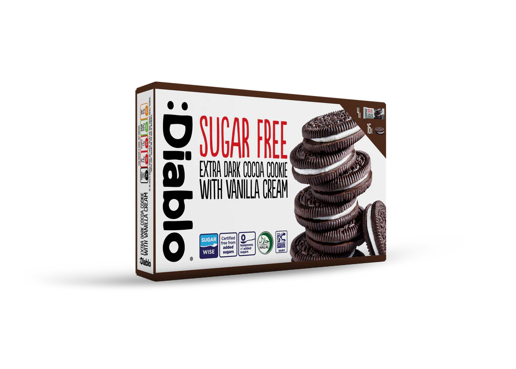 :Diablo Extra dunkle Sandwichkekse mit Vanillecreme ohne Zuckerzusatz 176 g